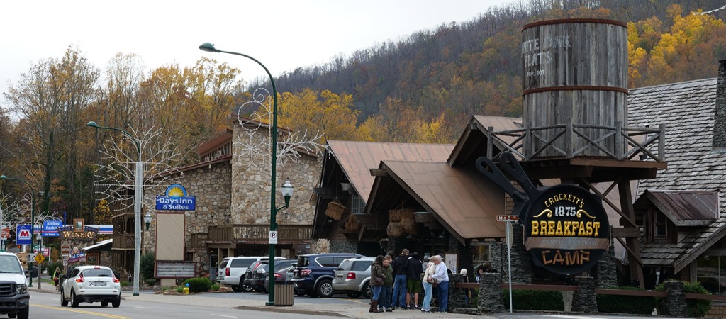 Crockett's Breakfast Camp in Gatlinburg An exterior of Crockett's Breakfast Camp on a fall day in downtown Gatlinburg, Tennessee.