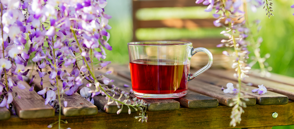 Tea on a Wooden Table by a Wisteria Tree A glass mug of tea sits on a wooden table, with wisteria tree blossoms draping around.